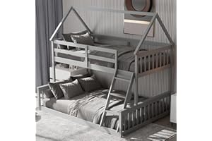 KOMFOTT Wood Twin Over Full House Bunk Bed with Built in Ladder, Solid Pine Wood Bunk Bed Frame with Safety Guardrails, House Bunk Bed Frame for Kids, Teens, Juniors, No Box Spring Needed (Grey)