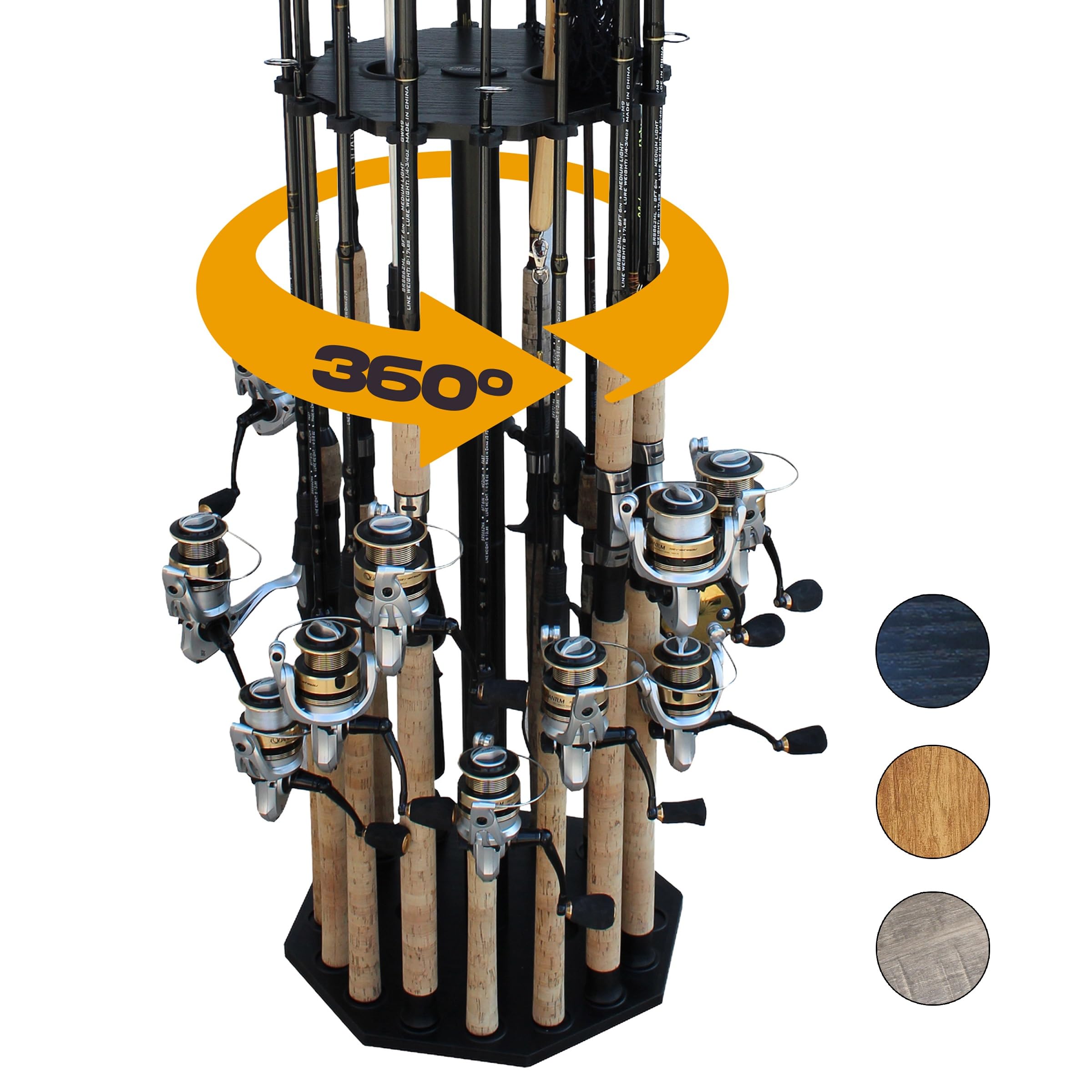 Rush Creek Creations 16-Rod Round Fishing Rod Holder for Garage, 360° Access Fishing Pole Holder for Fishing Rods, Reels, Gear, and Accessories, Securely Holds 16 Rods, Black Image