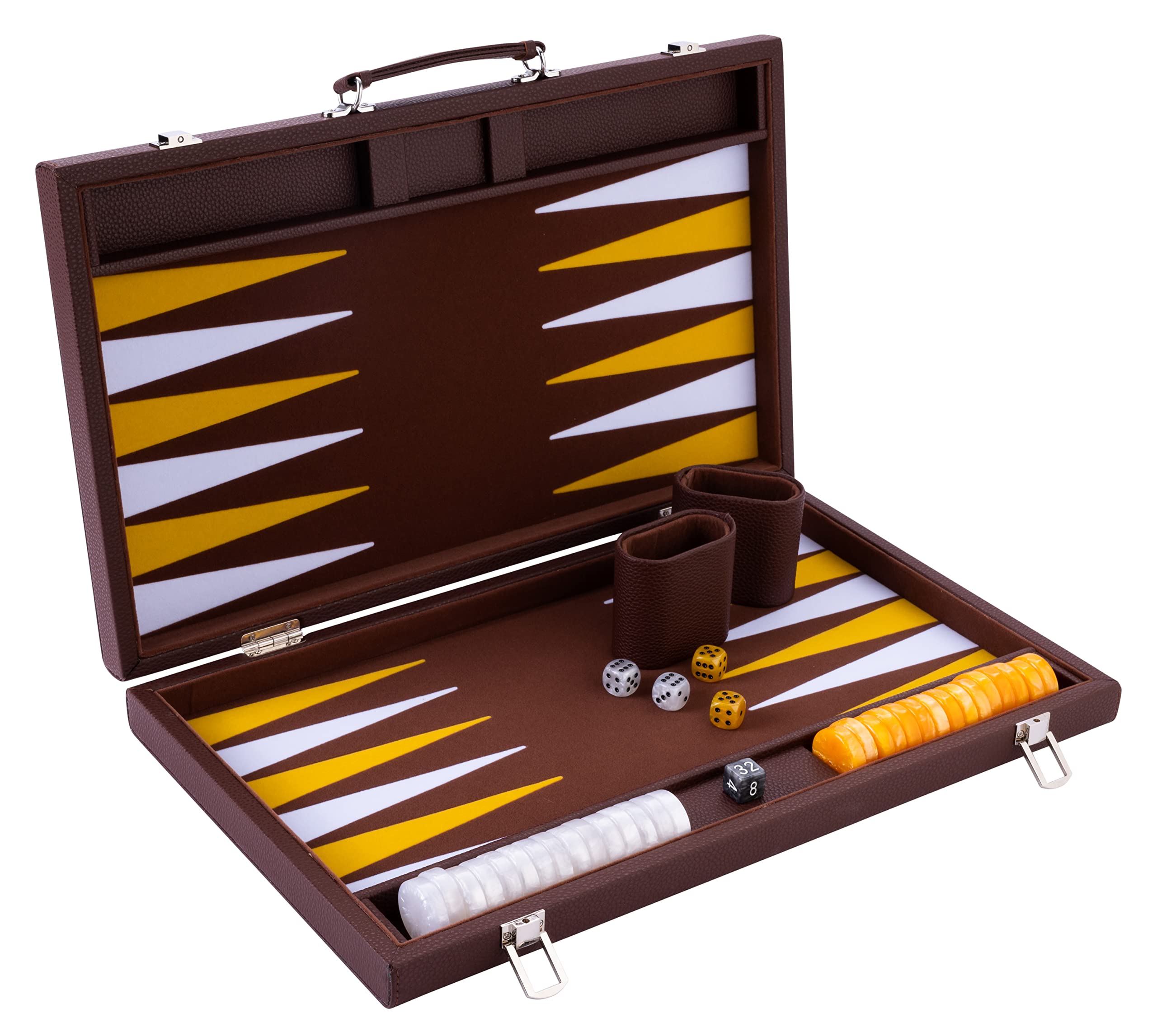 Engelhart - 250525 - Luxury Backgammon Game - 18 Inches (45.5 cm) - Brown Faux Leather Case - Felt Interior - Pearl Dice and Chips - Strategy Game