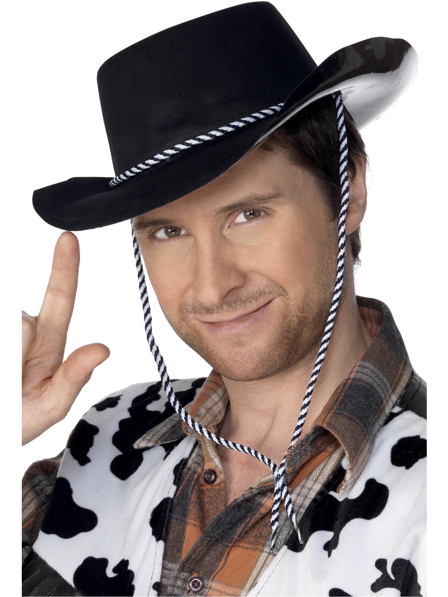 Smiffys Cowboy Hat, Flocked Plastic, Black with Cord, Cowboys and Indians Fancy Dress, Cowboy Dress Up Hats