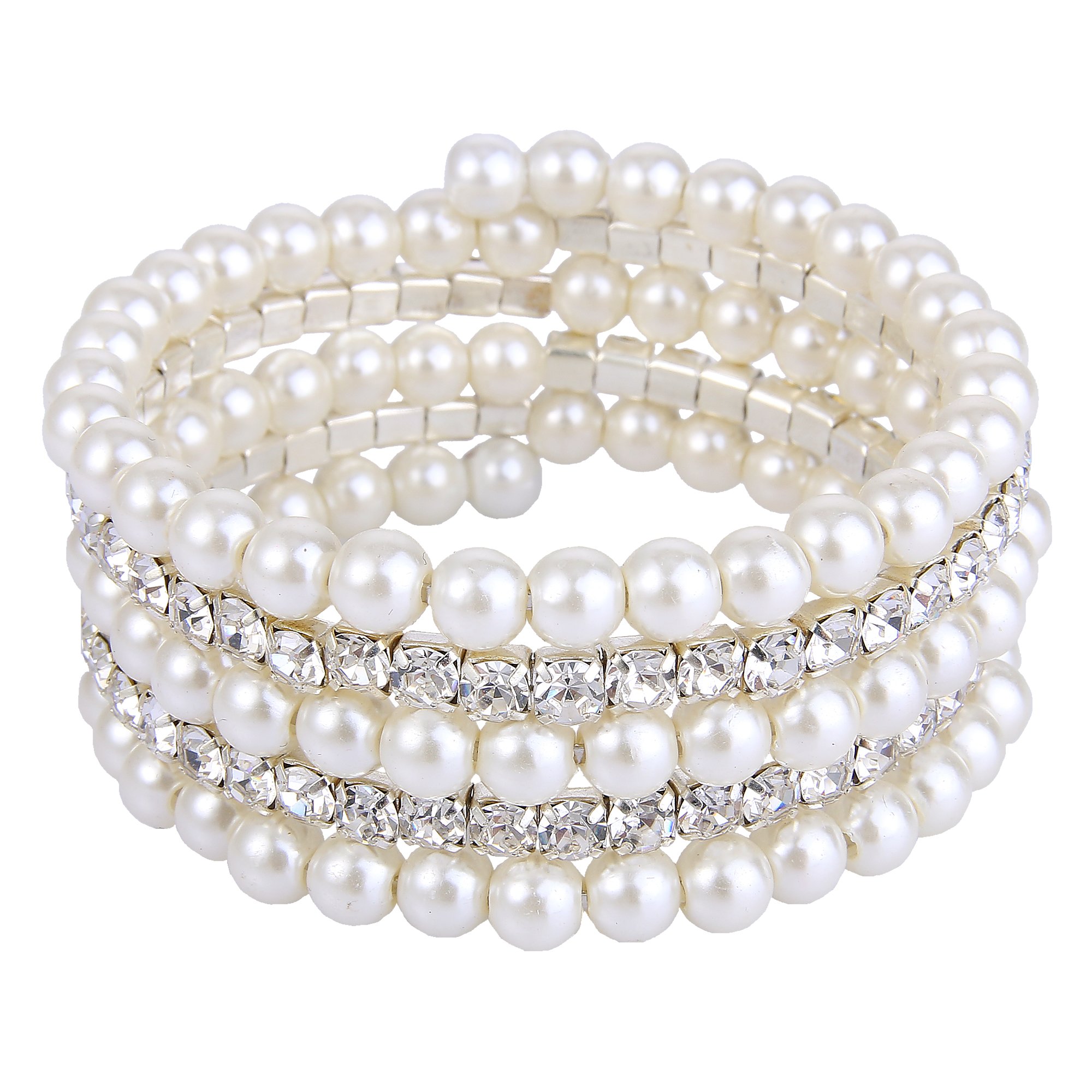 Ever Faith Austrian Crystal Wedding Layers Cream Ivory Color Simulated Pearl Strand Bracelet Clear