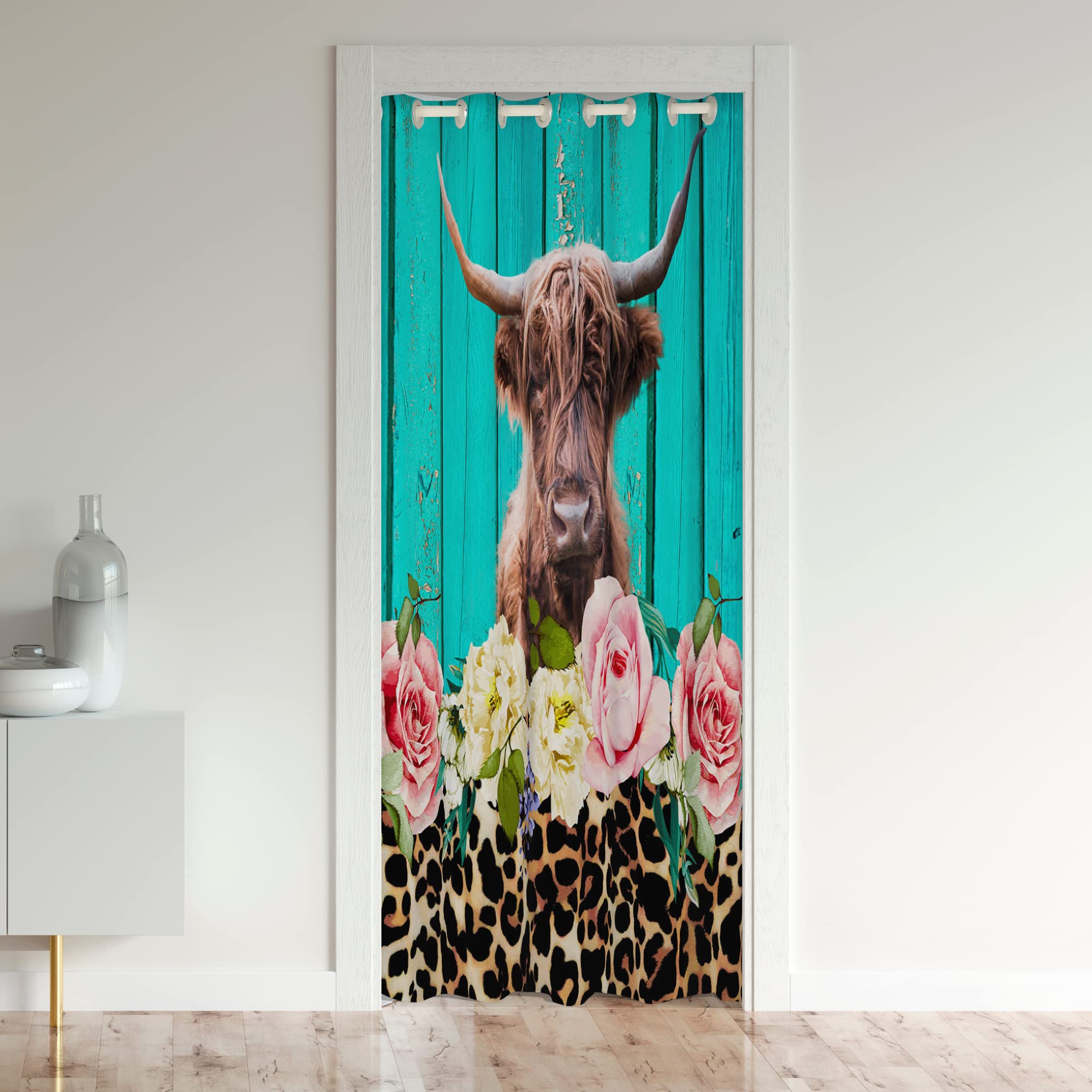 Loussiesd Highland Cow Door Curtain for Doorway Privacy 132x203cm 1 Panel Highland Cattle Closet Door Cover Curtain for Bedroom Living Room Rose Floral Flower Leopard Window Treatments