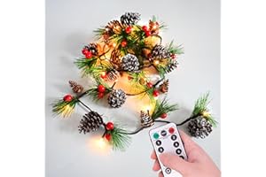HAMIFINEE Christmas Garland Lights with Remote and Timer 6.56FT Pine Cone Lights with Red Berry 20 LED Battery Operated Garland String Lights 6 Brightness Pinecones Decor Lights for Thanksgiving Xmas Holiday