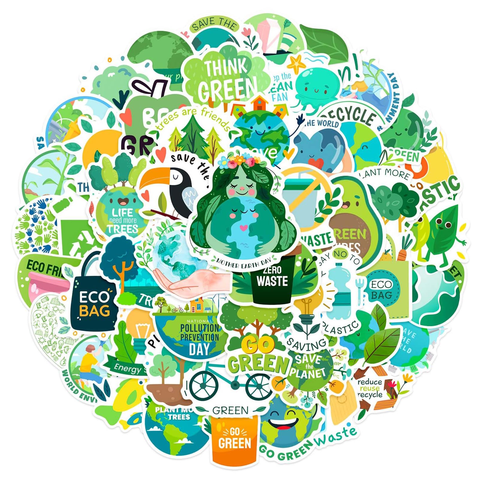 Environmental Protection Stickers – 60 PCS Eco Theme Decals for Adults and Teens – Green Waterproof Decorative Stickers for Laptop Water Bottle Journal – Luggage Helmet Phone Computer Decoration