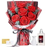Preserved Flowers Bouquet 7 Roses - Red Real Rose & Flowers for Delivery, Eternal Roses Bouquet with Gift Box, Anniversary Birthday Valentines Day Gifts for Women Mom Grandma Her Wife Girlfriend