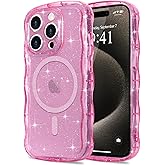 Pepmune Magnetic for iPhone 15 Pro Max Case Clear, Sparkly Bling Glitter Cute Curly Wave Bumper Cover for Women Girls Compatible with MagSafe TPU Shockproof Phone Case for iPhone 15 Pro Max, Hot Pink