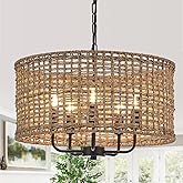 YOMECOO Hand-Woven Rattan Chandelier Vintage Farmhouse Boho Bamboo Chandeliers Light Fixture Rustic Retro 5-Lights Drum Wicke