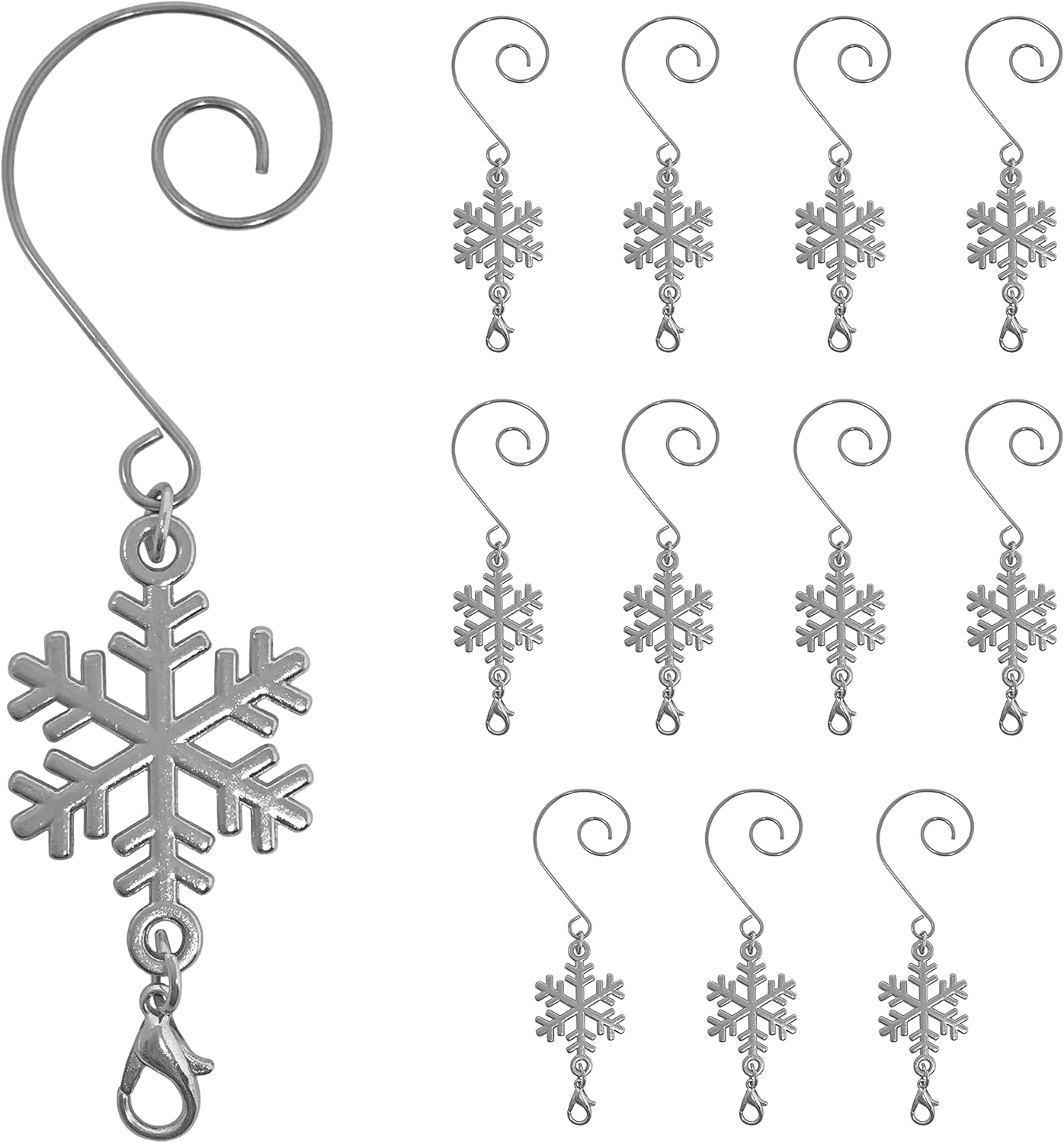 Ornament Hooks - BANBERRY DESIGNS Christmas Snowflake Ornament Hook with S-Hook and Lobster Claw - Set of 12 - Shiny Silver Snowflake Hangers - Xmas Accessories & Accents for Hanging Ornaments