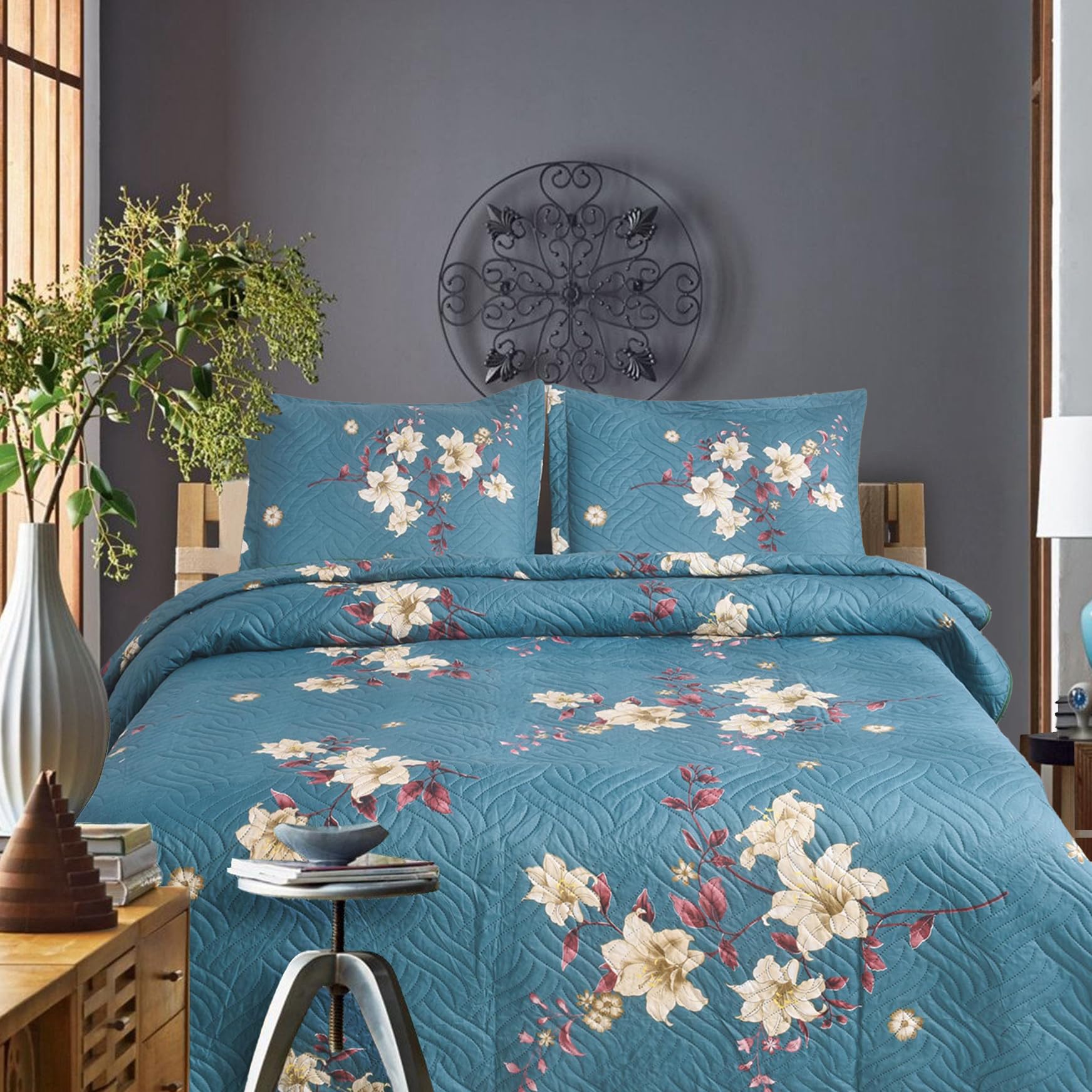 Hadi London 3Pcs Patchwork Quilted Bedspreads with 2 Shams | Reversible Floral Print | Lightweight Quilt Comfort | Fits Double and King Size Beds 220x240cm | 30 Unique Designs (MILAN-125)