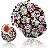 Ergonomic Mouse Pad with Gel Wrist Rest Support, Non Slip PU Base Mouse Pad Wrist Rest for Computer, Home Office Gaming, Pain Relief Day of The Dead Colorful Vintage Sugar Skull + Cup Coaster