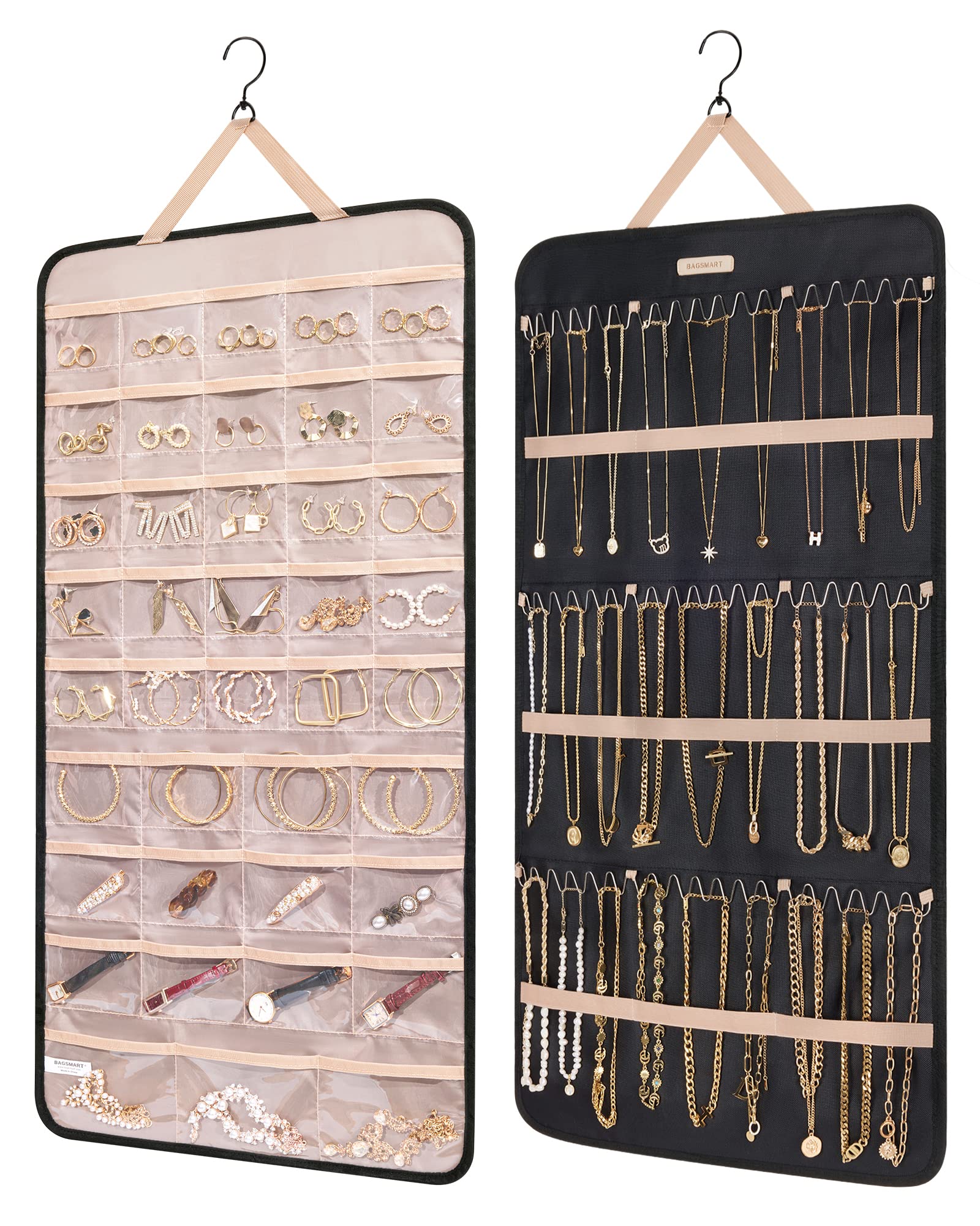 bagsmart Dual-sided Jewellry Organizer Hanging with Metal Hooks,40 Pockets and 3 Wave-Shaped Hooks,Jewelry Roll for Earrings,Necklaces,Rings on Closet,Wall,Door,1 Piece,Extra-Large,Black