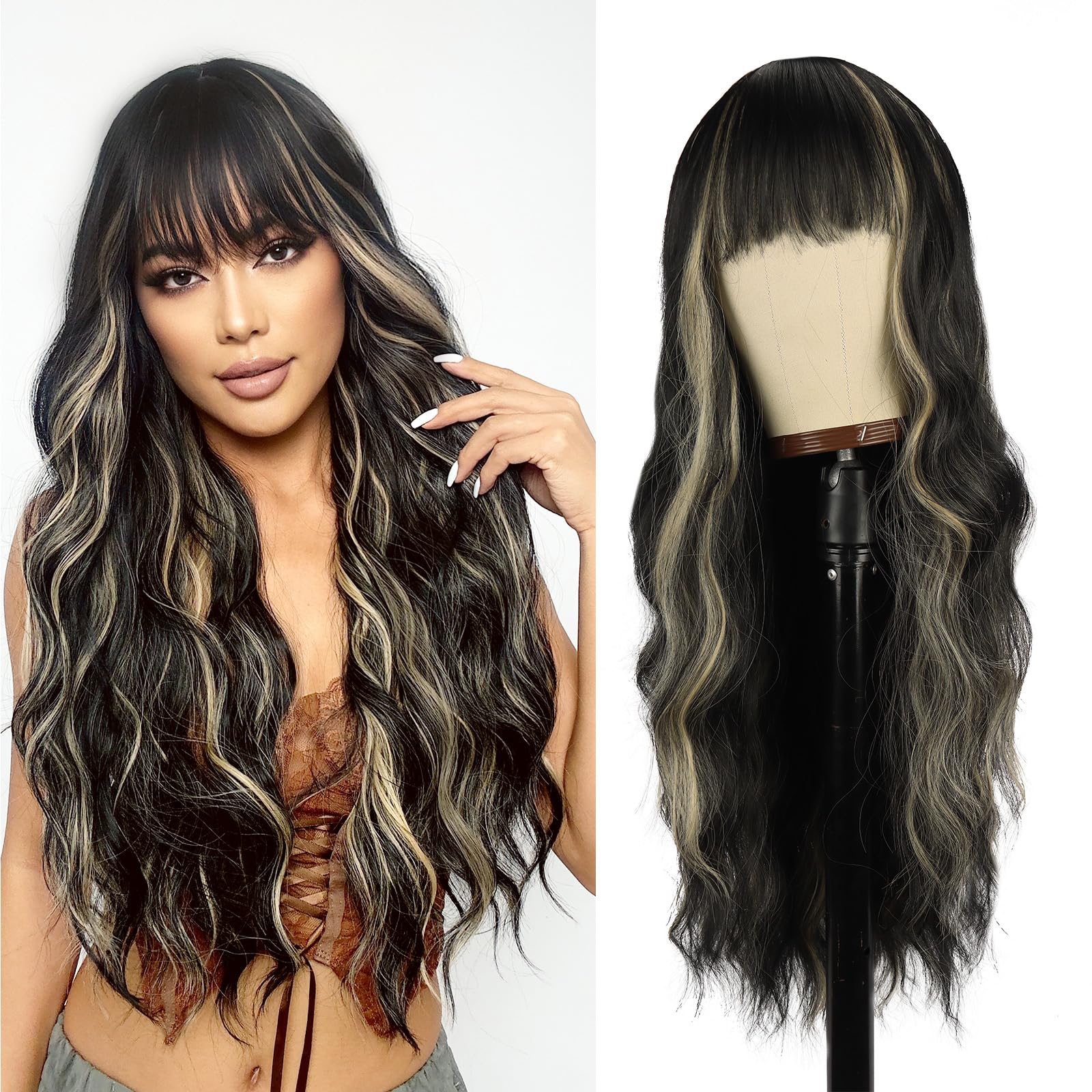 Photo 1 of Vomella Black Mix Blonde Wig With Bangs 26 Inch Long Curly Wavy Wigs for Women Natural Looking Synthetic Heat Resistant Wig for Daily Party Use