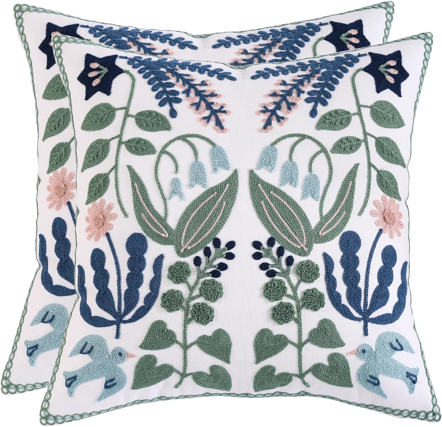 Tosleo Floral Throw Pillow Covers 16 x 16 inch Pack of 2 Green Leaves Blue Birds Embroidered Pillowcases Farmhouse Pillow Cushion Cases Home Decor Square Blue Flower Pillow Case