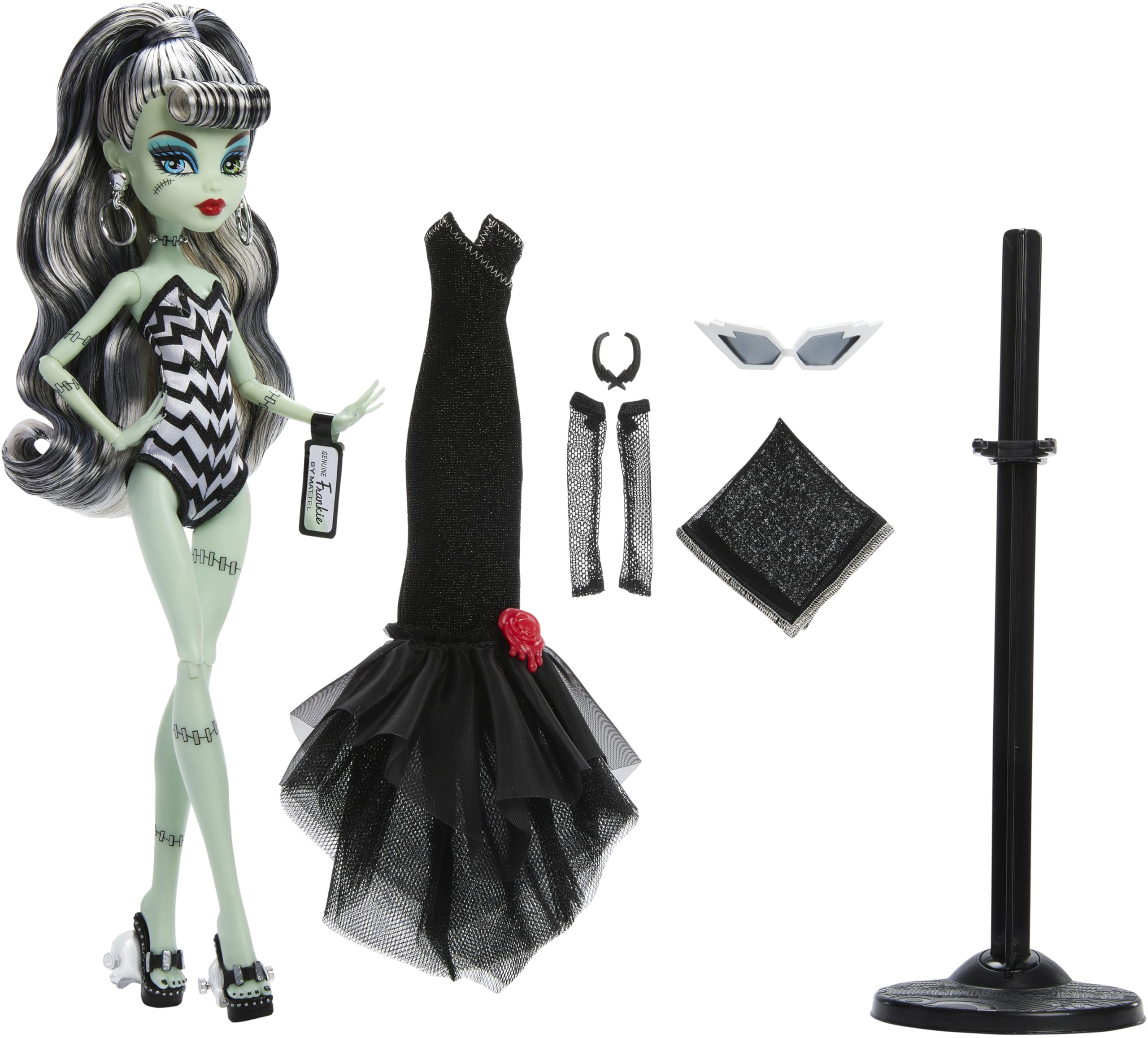Monster High x Barbie Frankie Stein Doll with Original Barbie-Inspired Swimsuit and Solo in The Spotlight Black Evening Dress and Accessories