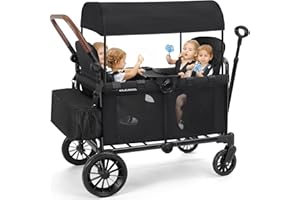 ELEMARA Wagon Stroller 4 Seater, Premium Stroller Wagon for 4 Kids, Foldable All-Terrain Wagon for Kids with Canopy, Adjustable Push/Pull Handles,Convertible High Seat&Organizer, Black
