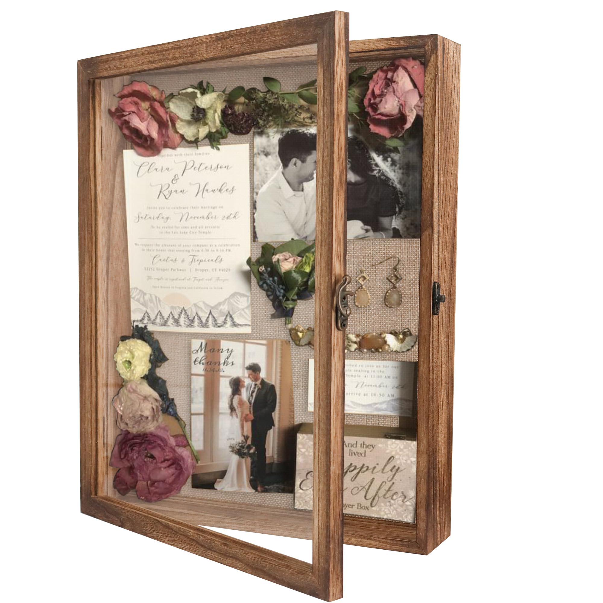Photo 1 of GraduatePro Shadow Box Frame 11x14 Display Case with Linen Back, Real Glass Window Door with Hinge, Picture Frame Wedding Bouquet Memorabilia Medals Photos Memory Box for Keepsakes, Carbonized Black