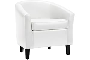 Yaheetech White Leather Chair, Faux Leather Accent Chair, Modern Barrel Chair Comfy Club Chair with Soft Padded and Solid Legs for Living Room Bedroom Reception Room, White
