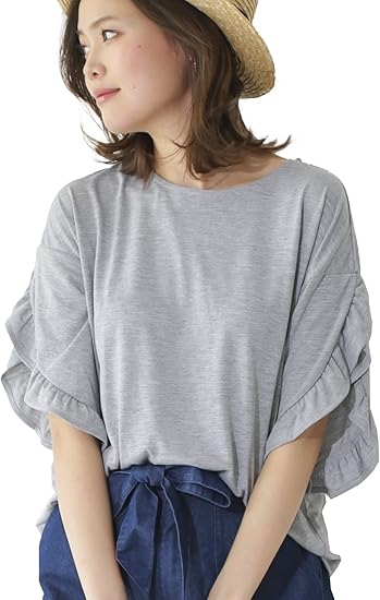 Amazon ゆったり袖フリルtシャツ フリル Tシャツ カットソー レディース 半袖 大人 袖コンシャス 無地 トップス シンプル ティーシャツ S M L Ll 3lサイズ 3l オリーブ Tシャツ カットソー 通販
