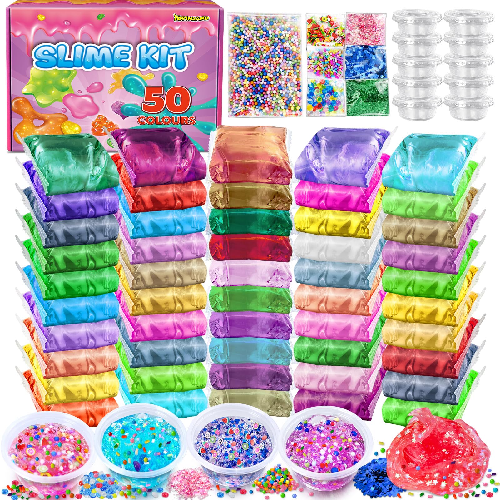 YOPINSAND 50 Pack Slime Kit for Girls Boys, DIY Slime Making Kit for Kids, Premade Crystal Clear Slime with Add-ins, Party Favors Gift Toys for Kids — image 1