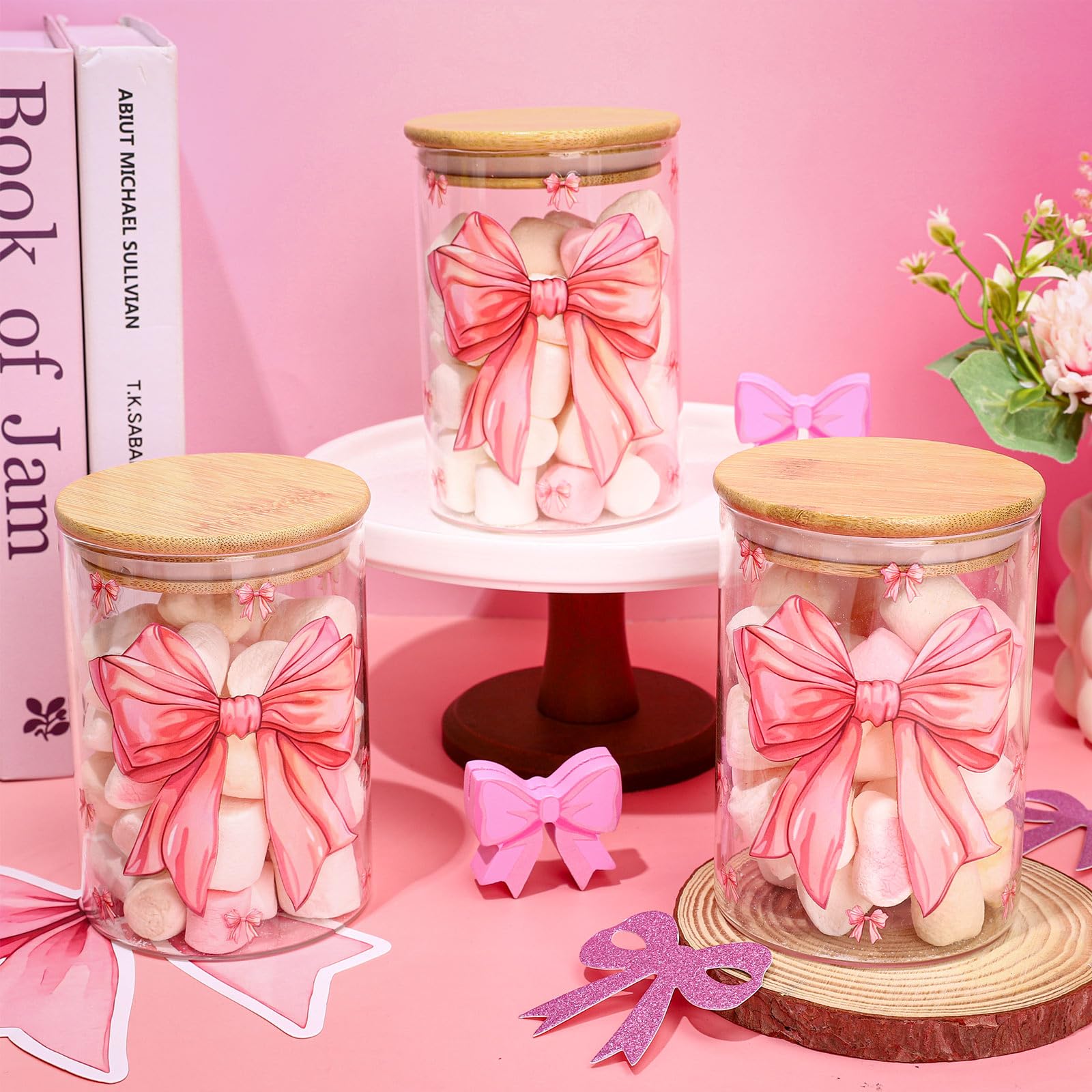 Photo 1 of FYSUIMU 3Pcs Pink Bow Glass Storage Jars Big Coquette Bow Knot Clear Canisters Set with Airtight Lid for Wedding Birthday Home Kitchen Countertop Decor