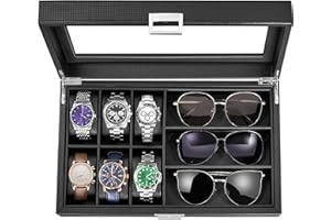 BEWISHOME Watch Box 6-Slot Watch Case and 3-Slots Sunglasses Box for Men, Sunglasses Storage with Large Glass Lid, Jewelry Box for Men Women Black SSH18C