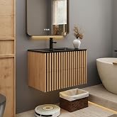 eclife 30" Floating Bathroom Vanity with Sink Combo, Modern Wall Mounted Cabinet with 2 Fluted Drawers, Undermount Black Sink, Faucet, Drain, Mixed Natural