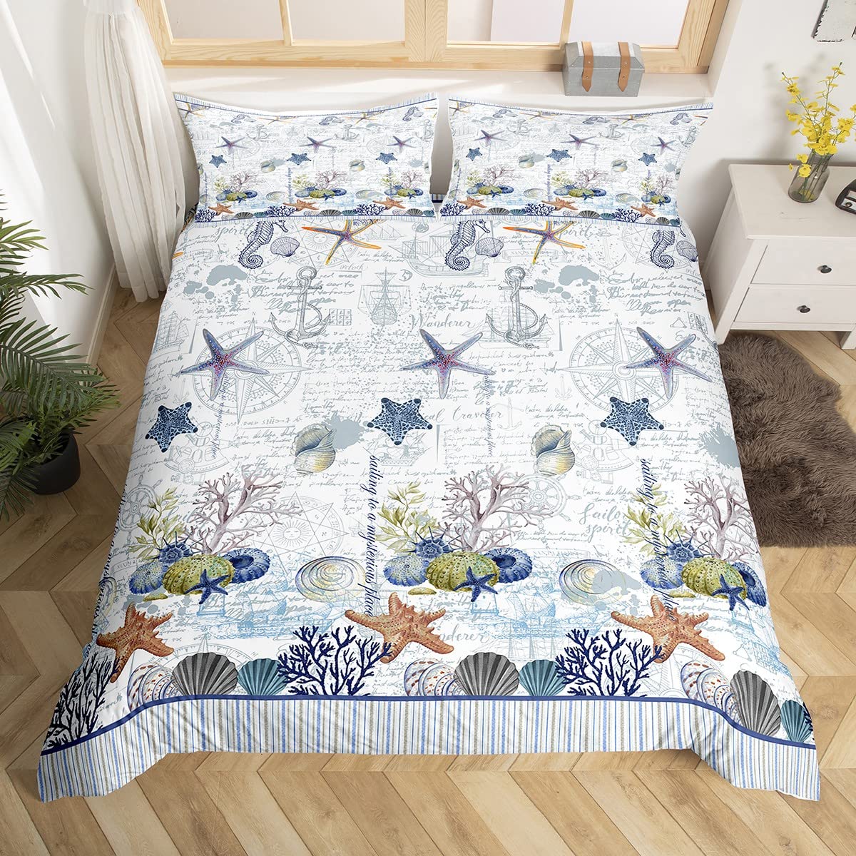 Beach Starfish Comforter Cover Set Ocean Marine Sailboat Bedding Set for Boys Girls Children Sea Creatures Bedding Duvet Cover Set Coastal Nautical Double Size Quilt Cover 3Pcs