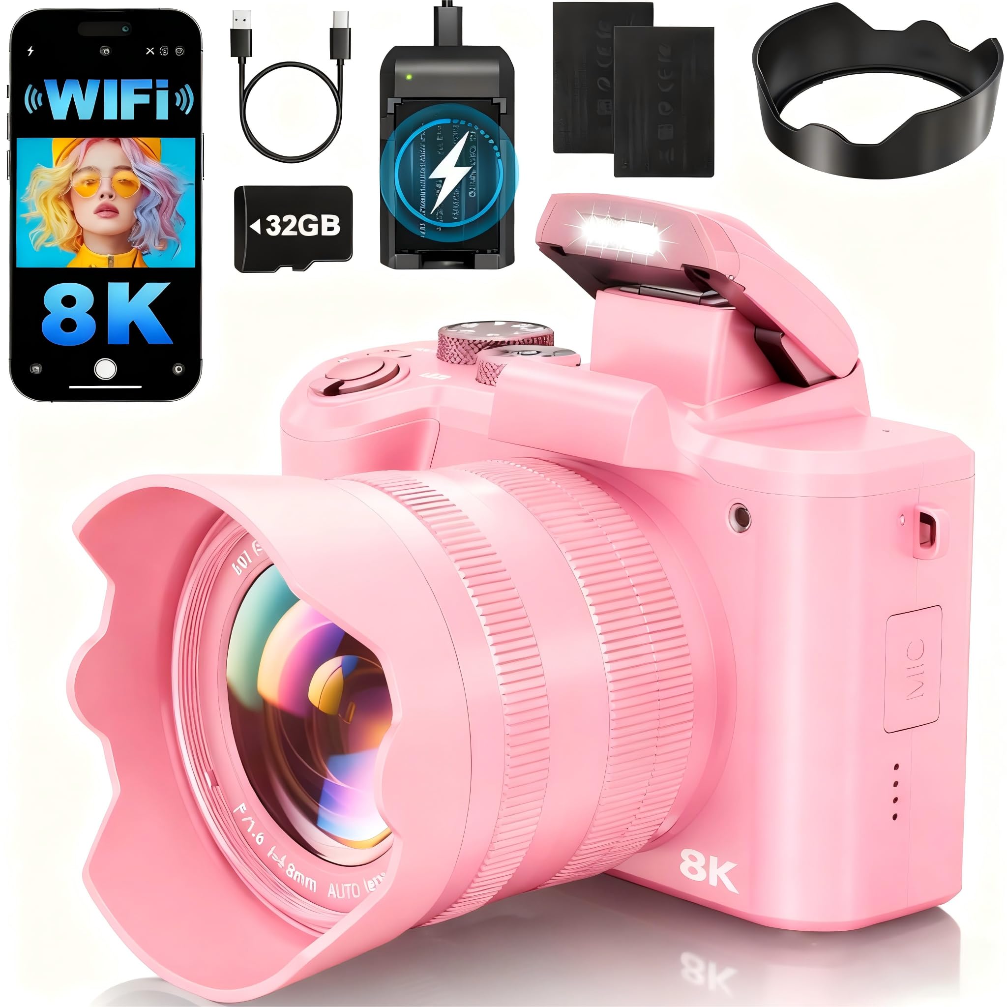 8K Digital Cameras for Photography - Autofocus 88MP WiFi Profession Camera with Dual-Lens - 16X Digital Zoom Photography Camera for YouTube with Lens Hood, Touch Screen, 2 Batteries & Charging Stand