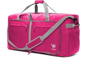 Bago Large Foldable Duffel Bags for Traveling Women & Men - 100L Packable Duffle Bag for Travel with Shoe Compartment - Water Repellant, Heavy Duty, Lightweight Folding & Collapsible (Pink)