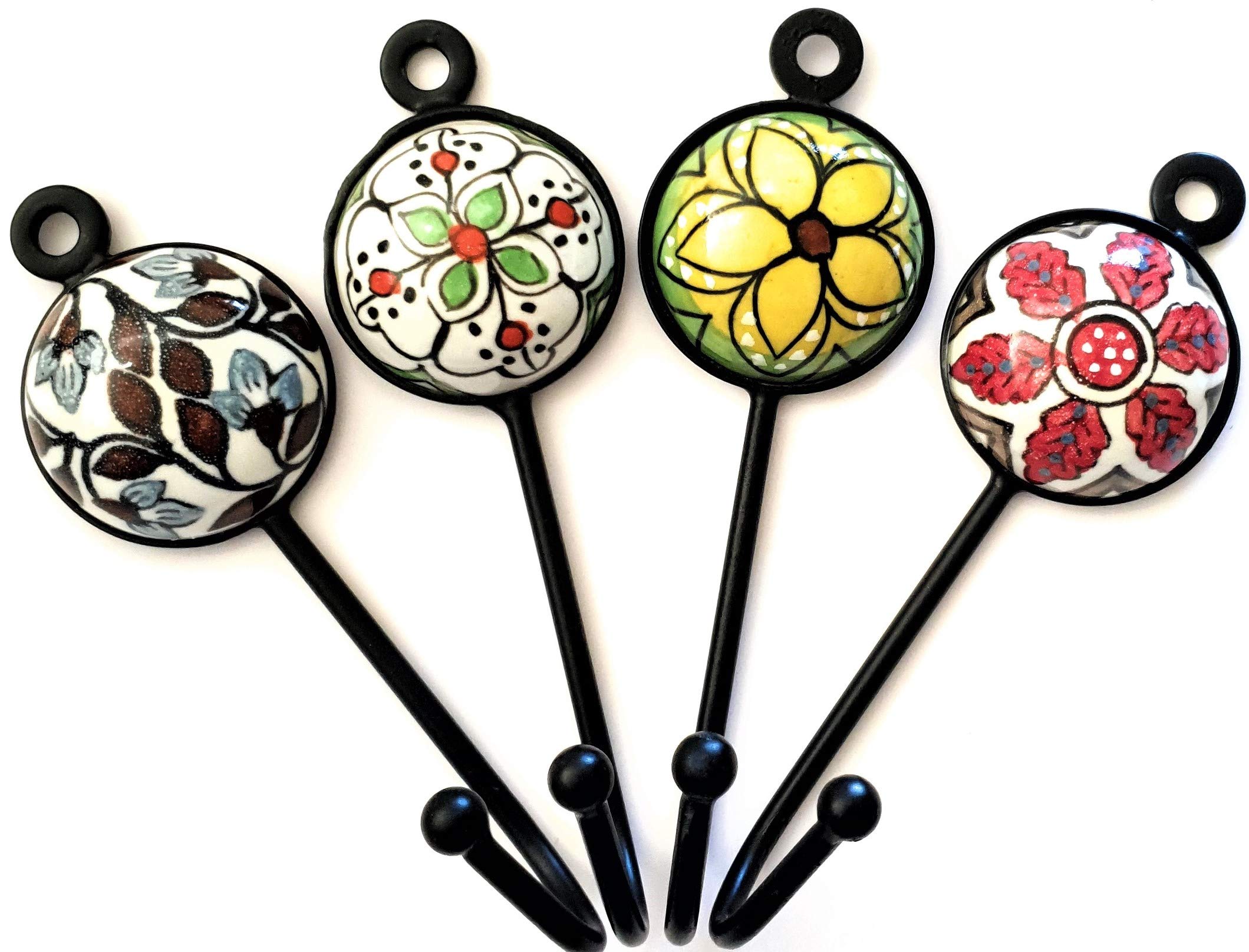 French Furniture Fittings Set of 4 Mixed Ceramic Hooks, Vintage Shabby Chic Coat, Clothes, Jewelry and Key Hangers for Wall or Door