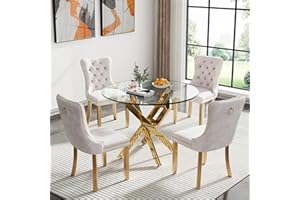 KUVADAZ 36" Modern Gold Glass Dining Room Table Set for 4, 5-Piece Round Kitchen Dining Table Set with Cross Metal Legs and 4 Beige Velvet Upholstered Chairs, Glass Kitchen Table and Chairs Set
