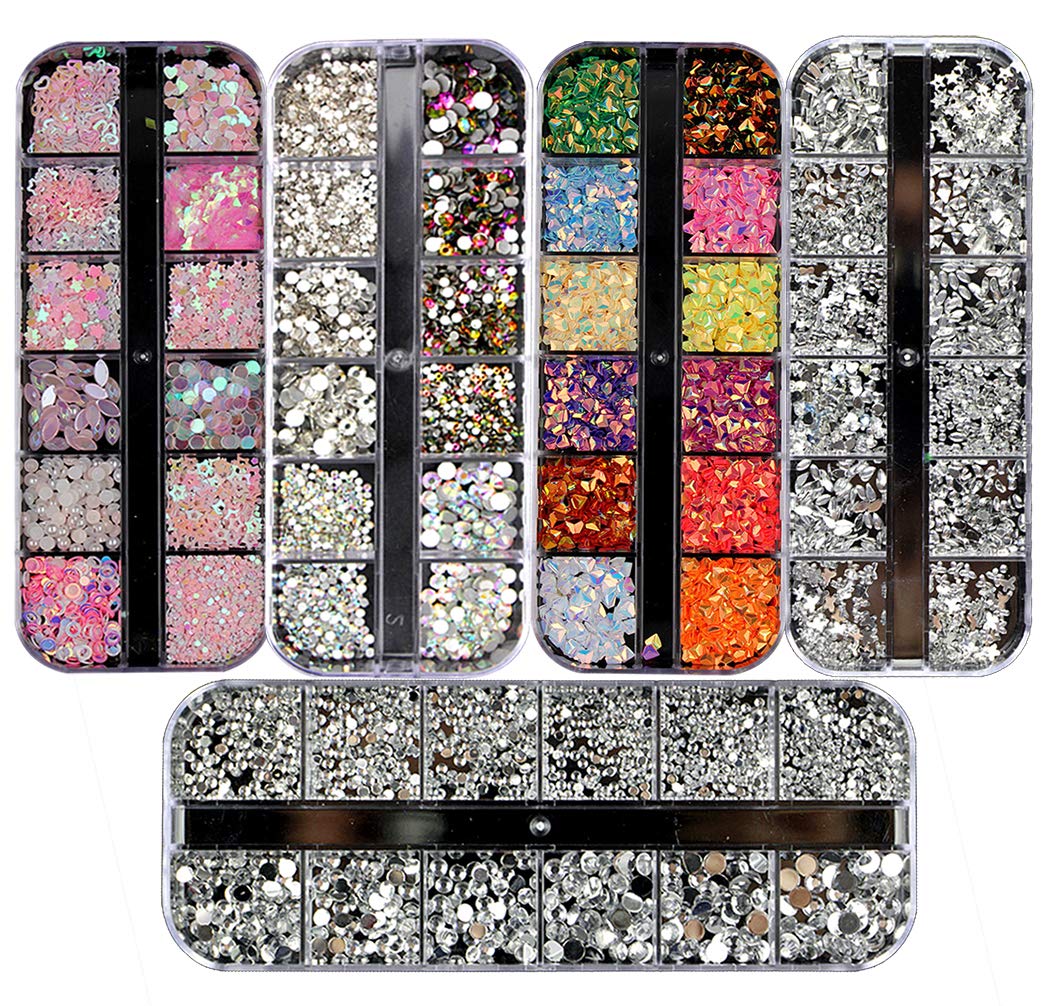 Ranvi 3000 Pieces (5 Boxes) Nail Art Rhinestones Kit Nail Rhinestones with 1 Piece, Multicolor Nail Studs Horse Eye Rhinestones for Nail Art Decorations Supplies