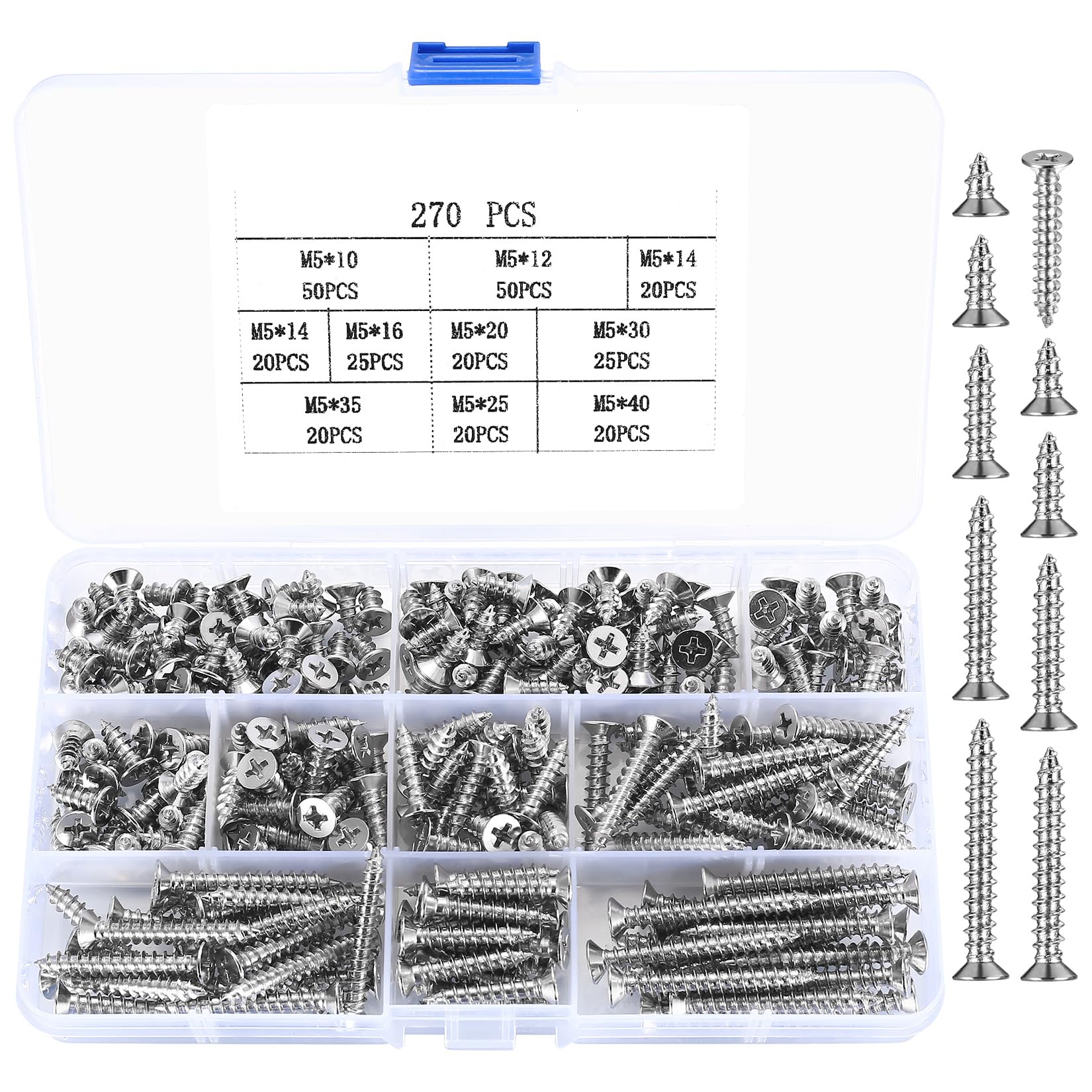 270 Pcs M5 Wood Screws Assortment Kit, Flat Head Phillips Self Tapping Screws, Assorted Countersunk Screws Drywall Screws for Wood, Furniture, Sheetrock, Repairs, DIY Project - Silver