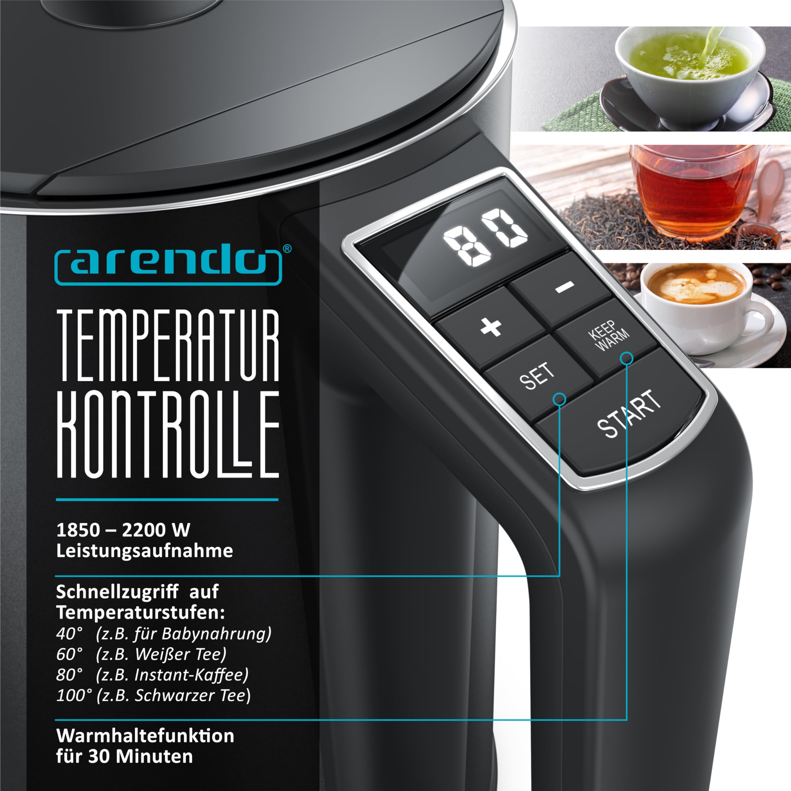 Arendo - Edelstahl Wasserkocher mit Temperatureinstellung 40-100 Grad in 5er Schritten - Doppelwand Design - Modell ELEGANT - 1,5 Liter - 2200 W - Teekocher mit Temperaturanzeige - GS - Pearl Grey 3