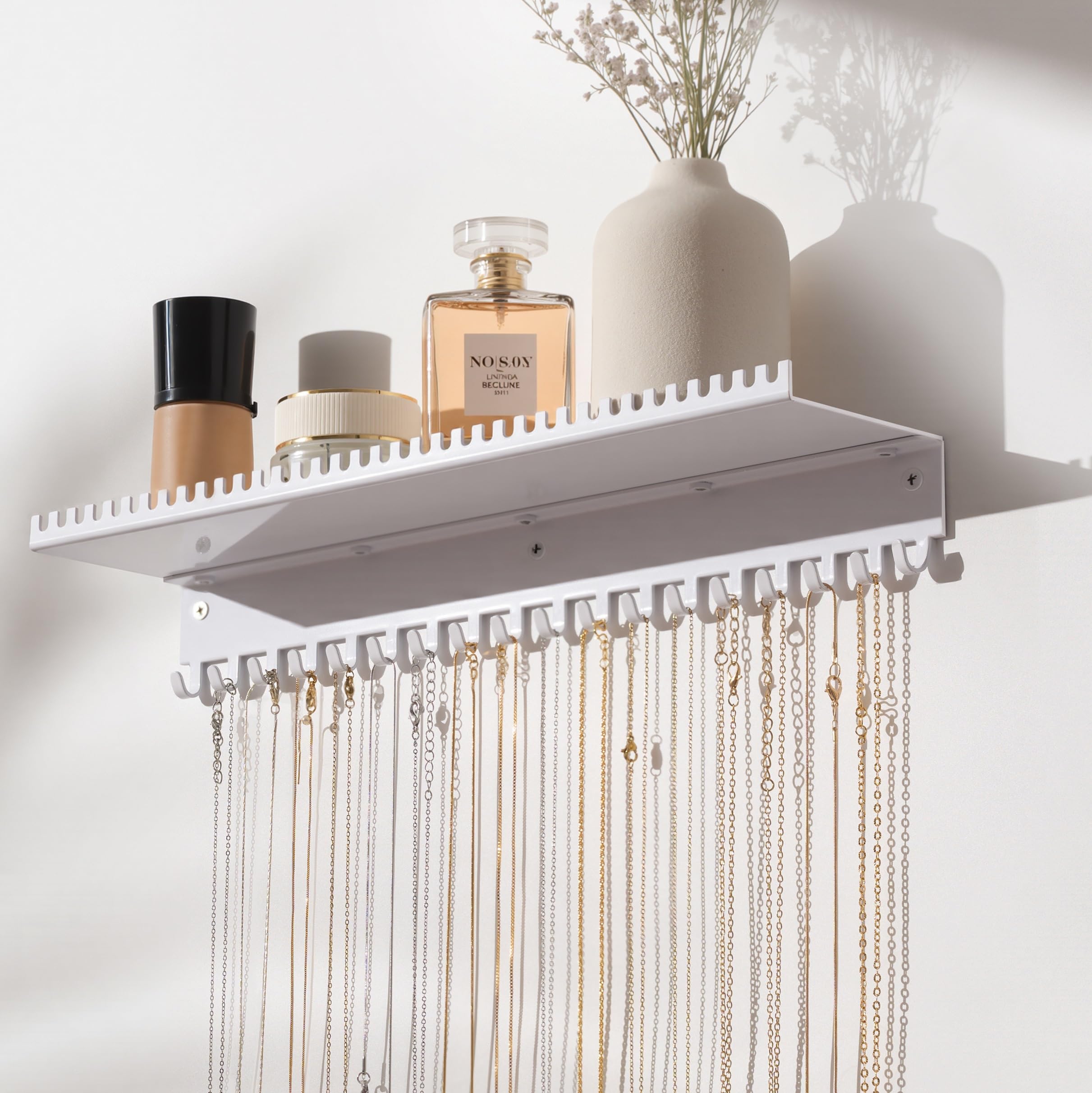 Photo 1 of Josmimic Necklace Holder Wall Hanging Organizer: Wall Mounted Jewelry Shelf with 56 Hooks and Tray, Display Hanger for Kids, Girls and Women, White & Metal