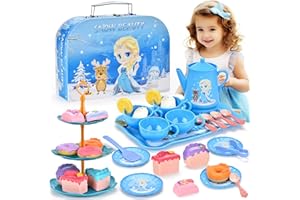 Lajeje 44Pcs Tea Party Set for Little Girls-Frozen Toys for Girls, Elsa Princess Tea Party Set, Kitchen Pretend Toy Plastic Tea Set, Desserts, Birthday Gift for Little Girls Toddlers Age 3-7 Year Olds