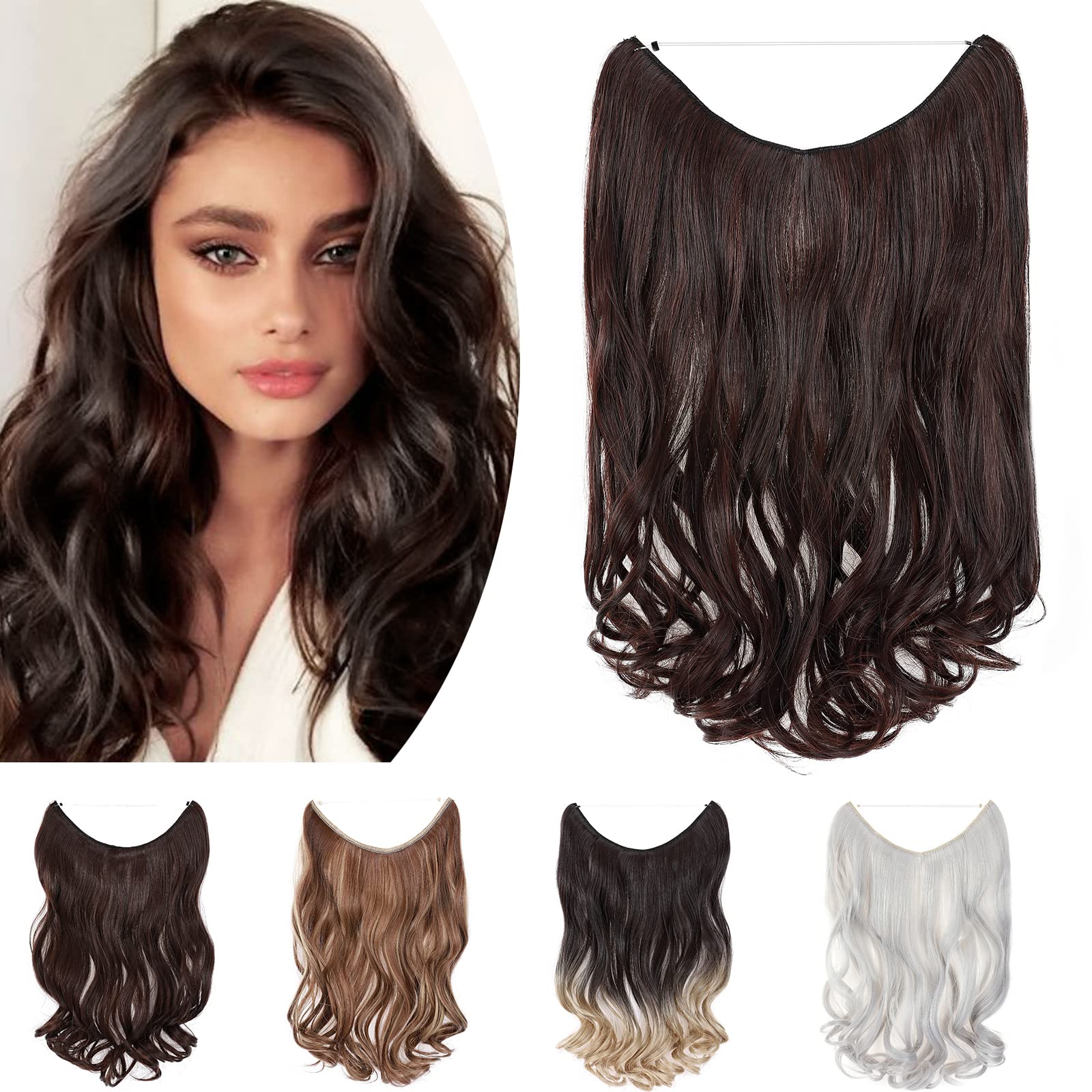 One Piece Wire In Hairpieces Matte Material Invisible Hair Extension Synthetic Wavy For Women Beauty, 20 Inch, Natural Black & Dark Auburn