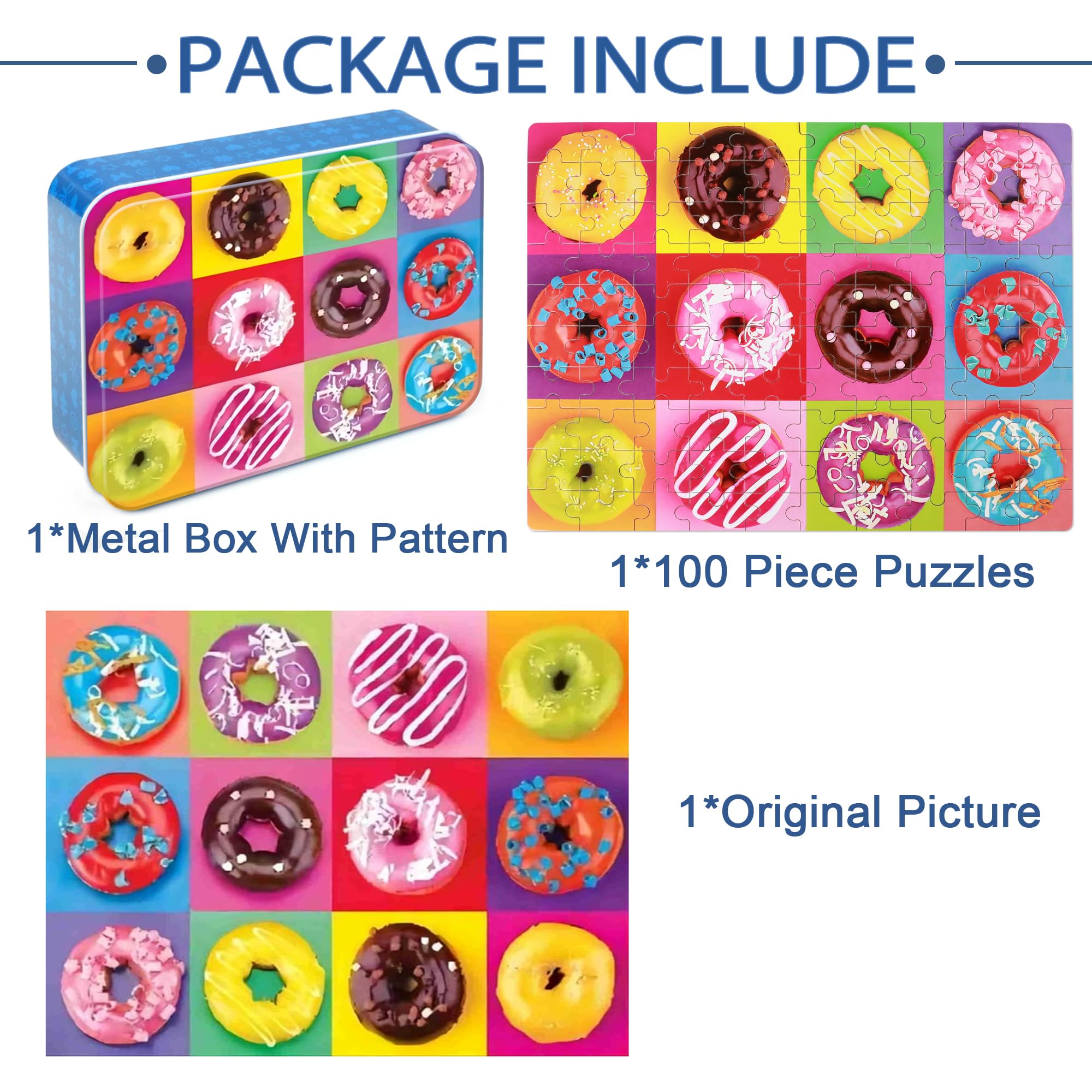 LELEMON Puzzles for Kids Ages 4-8,Donut Puzzle 100 Piece Puzzles for Kids Ages 4-6 in a Metal Box,Educational Jigsaw Puzzles 100 Piece Puzzle Games Toys for Girls and Boys