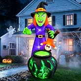 SEASONBLOW 6 FT Halloween Inflatables Witch with Child Outdoor Decorations | Projecting Rotating Green Light ,Child Being Put into Cauldron,Blow Up Decor for Party Indoor Outdoor Garden Yard