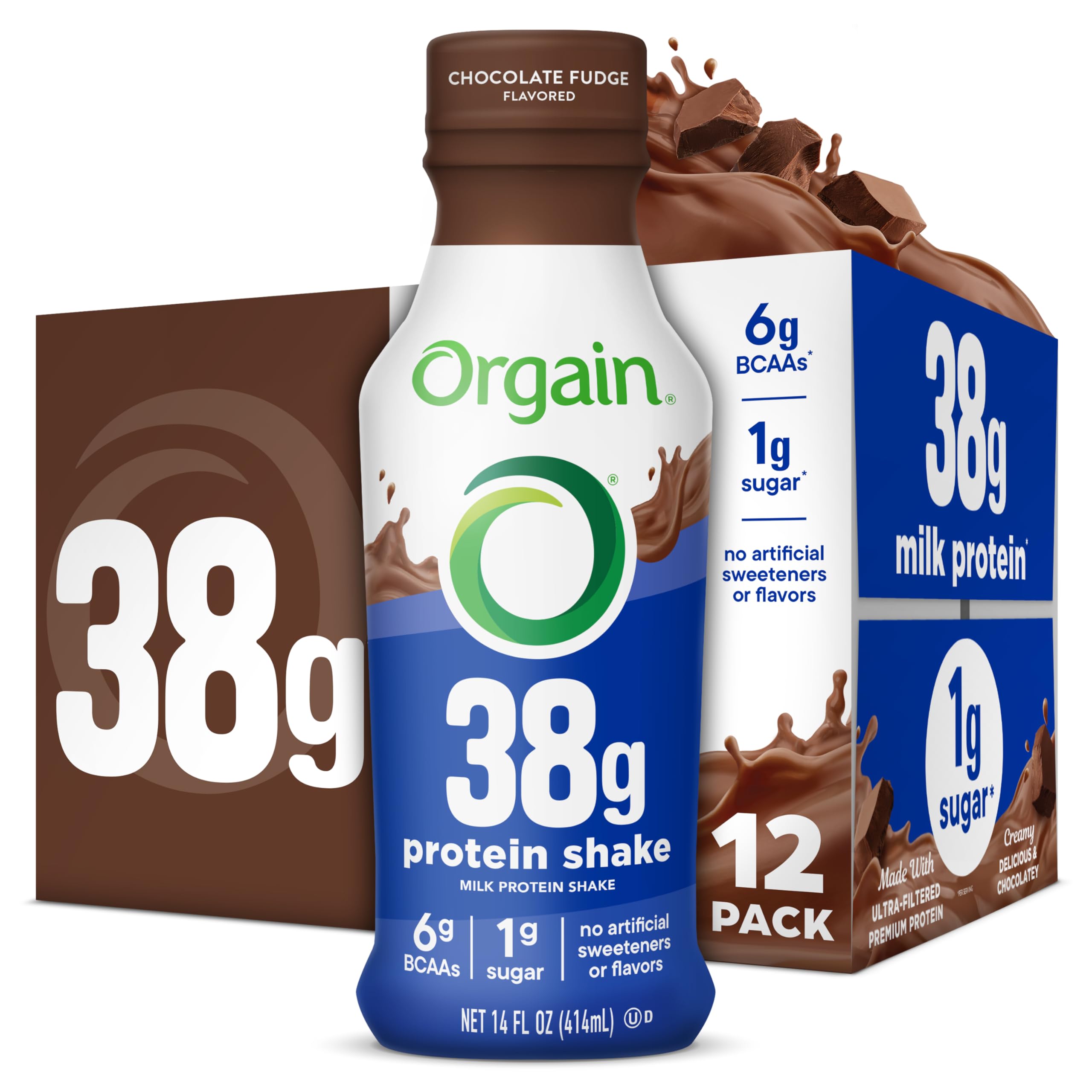Orgain 38g High Protein Shake, Dairy Isolate Protein Milk, Chocolate Fudge, 6g BCAAs, 1g Sugar Per Serving, Meal Replacement, Ready to Drink, Keto Friendly, Gluten-Free 14 Fl Oz (Pack of 12) Image