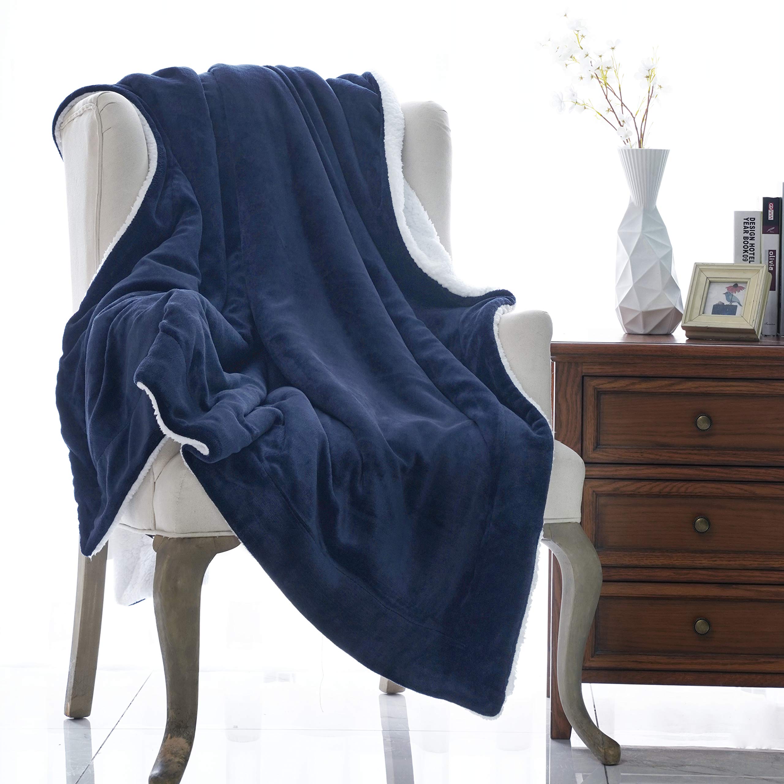 BUZIO Sherpa Fleece Blanket for Kids and Adults, Fuzzy Throw Blanket with Soft Plush Flannel, Dual Sided Throw Size Cozy Fluffy Blanket Microfiber, 60 x 80 inches, Navy Blue