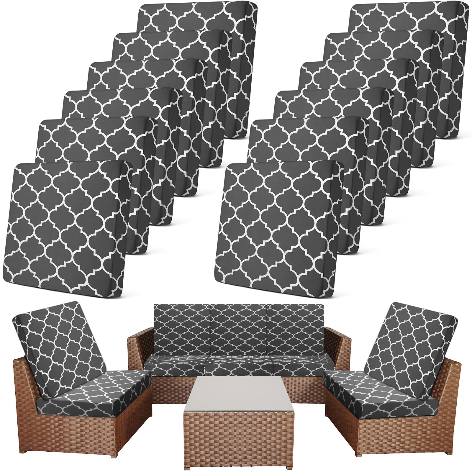 Photo 1 of Newwiee 12 Pcs Patio Stretch Outdoor Cushion Covers Sofa Couch Covers Replacement Couch Slipcover for Sofa Seat Chair Porch Patio Furniture Protector, Flexibility and Washable(Plaid,Dark Gray)
