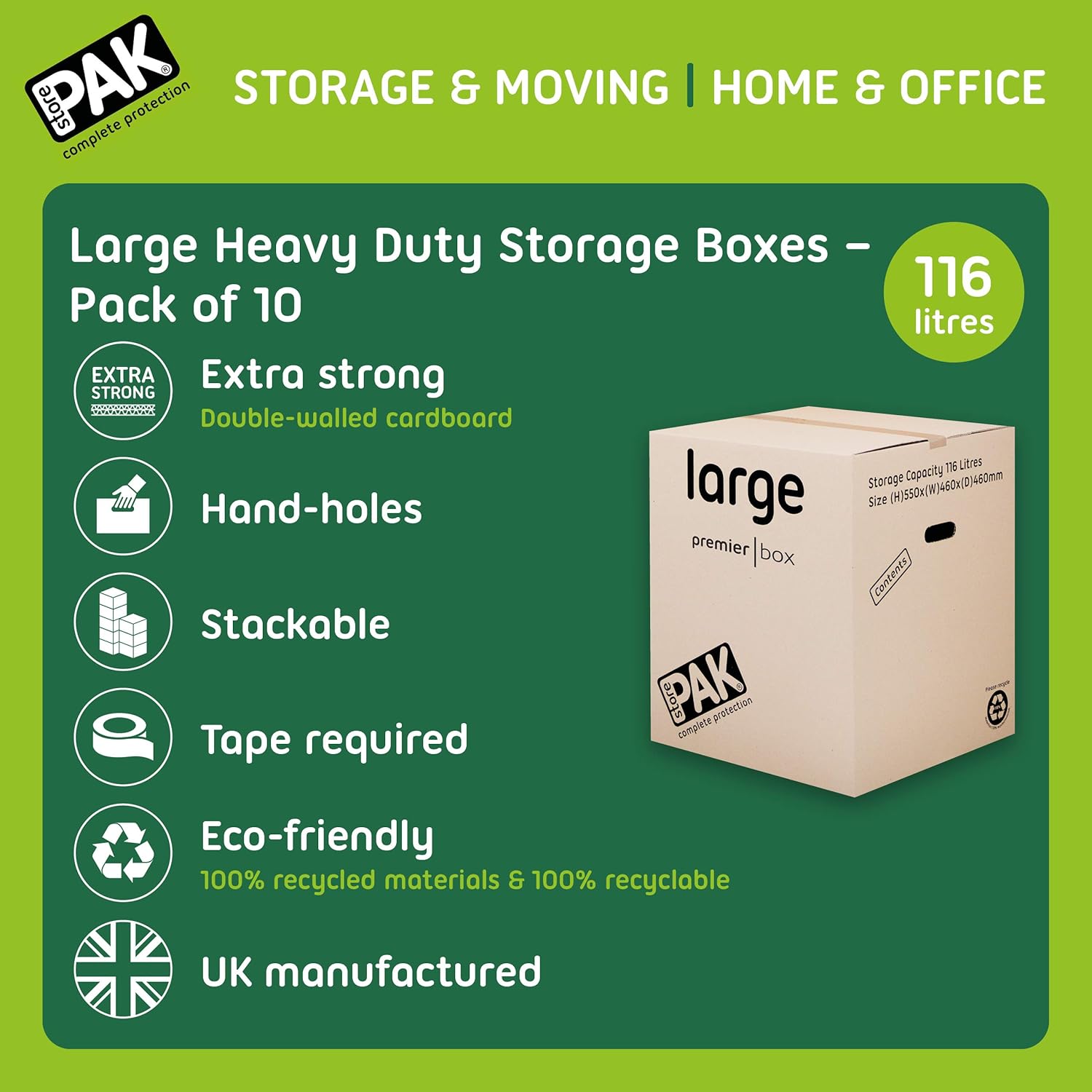 StorePAK Heavy Duty Large Storage Boxes / Strong Moving Box, 107 Litres H540 x W446 x D446 mm