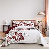 DJY Christmas Red Quilt Set Queen 3 Pieces Floral Bedding Quilt Set Soft Botanical Bedspread with 2 Pillow Shams Lightweight Flower Quilt Coverlet Set for All Season 90''x 96''