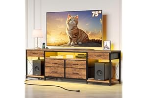 GYIIYUO LED TV Stand with 6 Fabric Drawers and Power Outlet for 65 70 75 Inch TVs, Entertainment Center with Open Storage She