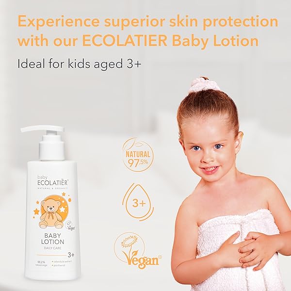 KIDS LOTION DAILY CARE 3+ WITH CALENDULA & PANTHENOL – GENTLE BABY MOISTURIZER FOR SENSITIVE SKIN, SOOTHING & HYDRATING, VEGAN, HYPOALLERGENIC, 8.5 FL OZ – ECOLATIER
