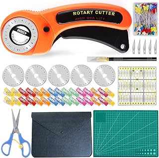 KwuLee Rollschneider Set, 45 mm Stoffschneider Set, inkl 5 Ersatzklingen, Schneidematte, Schere, Stoffklammern, Gerade Nadel, Patchwork-Lineal mehr als Nähzubehör