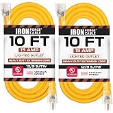 IRON FORGE CABLE 2 Pack of 10 Foot Outdoor Extension Cords - 12/3 SJTW Heavy Duty Lighted Yellow Extension Cable Set, 15 AMP