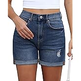 Vetinee Jean Shorts for Women Trendy High Waisted Distressed Ripped Stretchy Denim Shorts Fold Hem Summer Casual Jorts