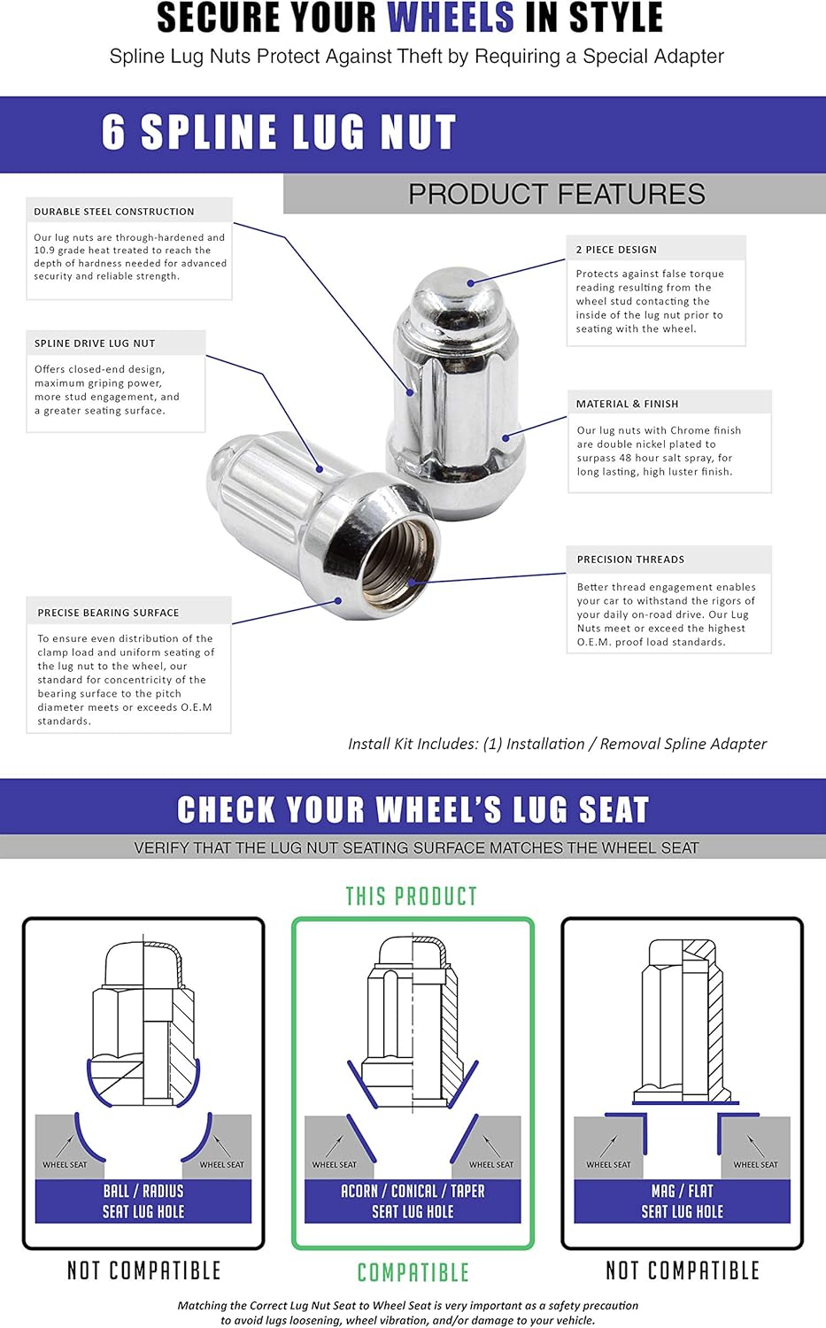 Wheel Accessories Parts Set of 20 1.38" Long Car Lug Nut Closed End Bulge Acorn Spline Lug Nuts Cone Seat Locking with Key (1/2, Black): Automotive